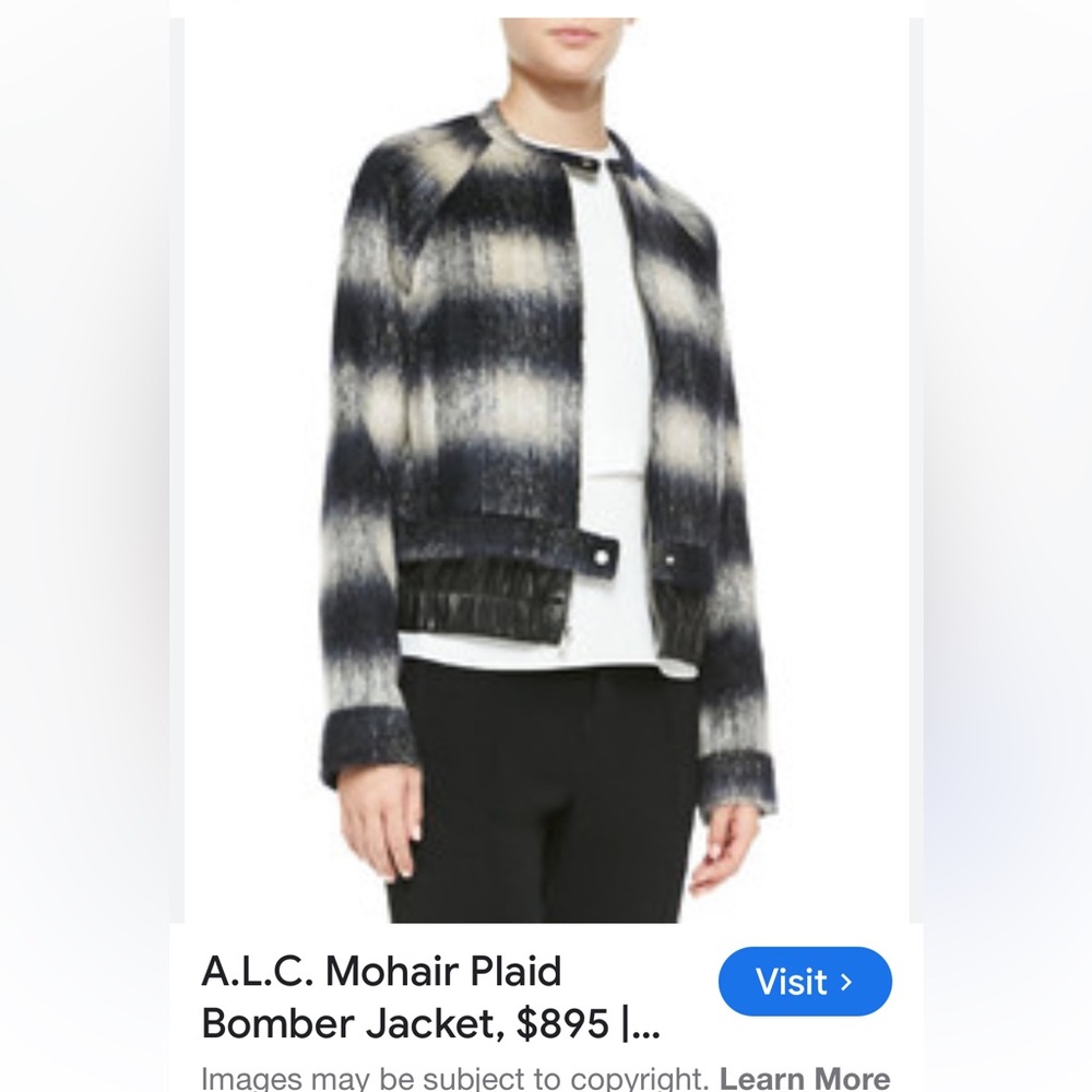 ALC Women’s Black and white mohair wool plaid bomber jacket size 4